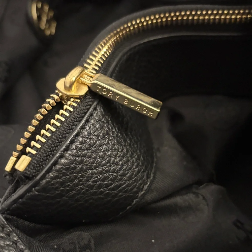 LIKE NEW Tory Burch Black Pebbled Leather Tote with Gold Chain - Picture 11 of 15